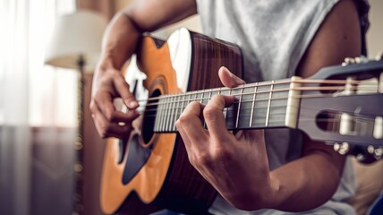 Close-up of a person’s hands playing an acoustic guitar