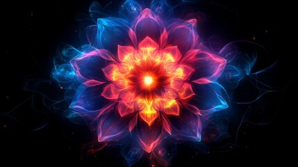 Fototapete - A stunning floral abstraction radiates bright shades of pink, blue, and orange, creating an eye-catching visual effect against black. The dynamic lights give a sense of depth.