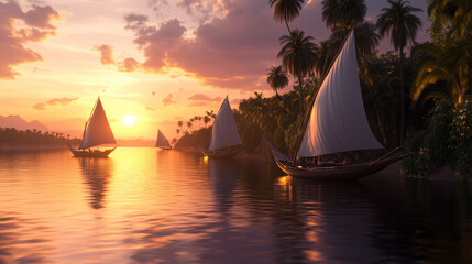 A sunset over a body of water with two sailboats in the foreground. The sky is a deep purple and the sun is setting