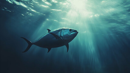 Wall Mural - Giant bluefin tuna fish swimming in clear ocean water -