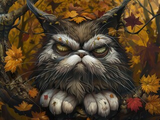 Canvas Print - Grumpy Cat in Autumn Leaves - A Digital Painting