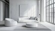 © MetaPixel - Minimalist living room featuring a monochromatic color scheme white furnishings and gray accent details