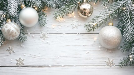 Wall Mural - Snow covered fir tree with Christmas ornaments on a white wooden table Flat lay composition