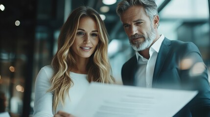 A man and a woman are reviewing a document together in a modern office space, showcasing professional collaboration and teamwork in a business setting.