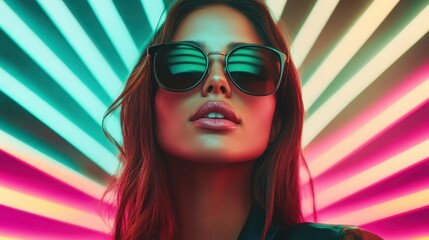 A stylish woman wearing sunglasses poses against a vibrant, colorful backdrop, exuding confidence and modernity while embracing a bold, artistic flair.