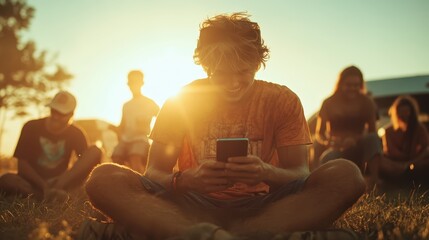 A young man sits cross-legged in a grassy outdoor area, looking down and smiling at his smartphone, with the setting sun illuminating his face warmly.