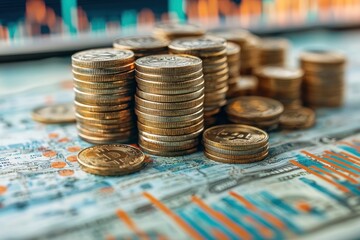 Aufkleber - Stacks of Golden Bitcoin Coins on a Chart Background