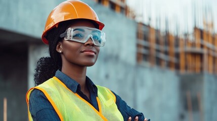 Black female engineer wearing a vest and helmet at a construction site with a cement wall in the background representing the theme of labor and construction work