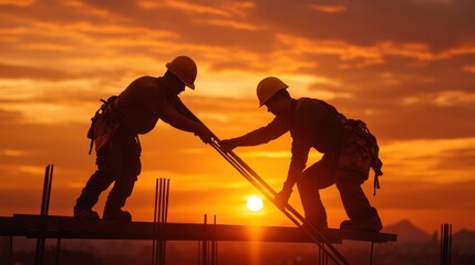 Two construction workers balance metal beams as they work together under the silhouetted backdrop of a stunning sunset, embodying teamwork and strength.