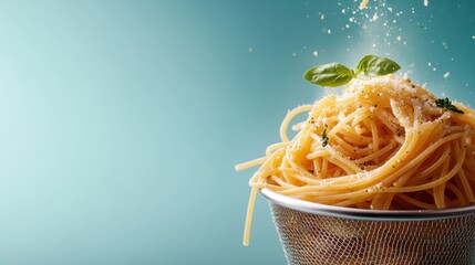 A close-up of spaghetti topped with cheese and basil leaves, set inside a colander against a light teal background. Perfect for illustrating Italian cuisine themes.