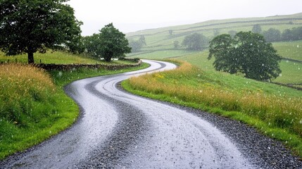 Rain falls heavily on a winding country road in England, bordered by vibrant grass and trees, creating a serene yet moody ambiance