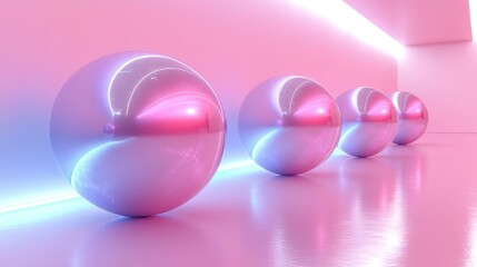 Fototapete - A series of reflective spheres are lined up in a contemporary gallery, enhanced by vibrant pink and blue lighting that creates a striking visual effect.
