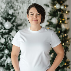 Product photo of blank white t-shirt, plus size woman with short hair in front of white and green Christmas background