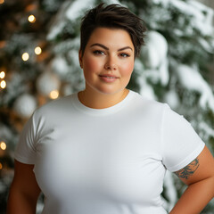 Product photo of blank white t-shirt, plus size woman with short hair in front of white and green Christmas background