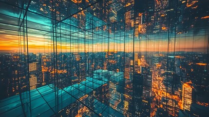 Aufkleber - A stunning glass metropolis discover the enchanting cityscape of radiant reflections and vibrant lights at dusk