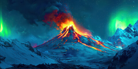 Wall Mural - A volcano erupts in the middle of a snowy mountain range