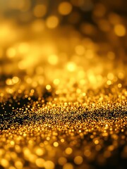 Golden glitter macro, shimmering particles, bokeh background, warm tones, luxury texture, depth of field, sparkling dust, festive atmosphere, high contrast, abstract composition, soft focus, magical g