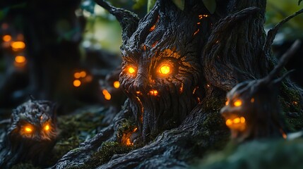Aufkleber - Enchanted forest the talking oaks with glowing faces carved into their bark in a mystical landscape of nature's wonders