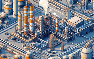 Fototapete - Detailed vector depiction of a gas plant with a refinery layout, presenting two layers of industrial features including smokestacks and processing units