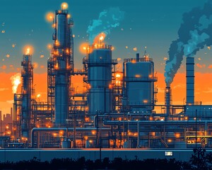 Fototapete - Dynamic vector depiction of a gas refinery plant, showcasing an industrial view with layered details for a realistic representation of operations