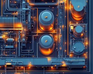Aufkleber - Dynamic vector depiction of a gas refinery plant, showcasing an industrial view with layered details for a realistic representation of operations