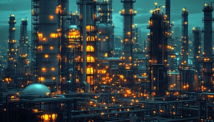 Fototapete - Illustration of a gas plant industrial scene featuring a refinery, designed with two layers of detail to highlight the complexity of operations