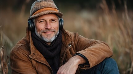 A contented man with a beard and a cozy hat listening to music in natural surroundings, exuding a sense of peace and tranquility amidst tall grasses.