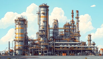 Fototapete - Stylized vector illustration of an industrial gas plant featuring a refinery with dual layers of detail, emphasizing its intricate machinery and structures