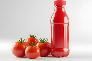 Glass bottle of fresh healthy tomato juice with tomatoes isolated on white background