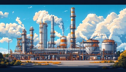 Fototapete - Comprehensive vector illustration of a gas refinery plant, showcasing an industrial view with two layers of detail for enhanced visual depth