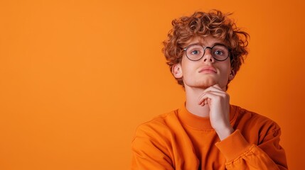 A young man appears contemplative, dressed in orange, with glasses and a casual orange shirt, positioned against a vivid backdrop, showcasing thoughtfulness and creativity.