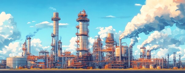 Fototapete - Illustration of a gas plant industrial scene featuring a refinery, designed with two layers of detail to highlight the complexity of operations