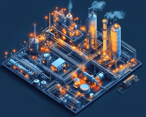 Fototapete - Indepth vector illustration of a gas plant featuring a detailed refinery layout with two layers, highlighting essential components of industrial processes