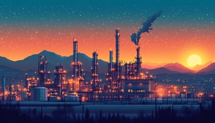 Fototapete - Sophisticated vector illustration of a gas plant industrial view, featuring a refinery with two distinct layers of detail for a comprehensive perspective
