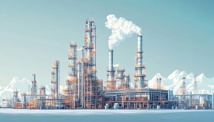 Fototapete - Sophisticated vector illustration of a gas plant industrial view, featuring a refinery with two distinct layers of detail for a comprehensive perspective