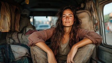 A serene young woman with tousled hair sits inside an old, rusted van, surrounded by fabrics and art supplies, evoking an adventurous creative spirit.