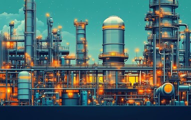 Fototapete - Vector illustration of a gas plant industrial view showcasing a detailed refinery plant with two layers of complexity, highlighting pipes and storage tanks