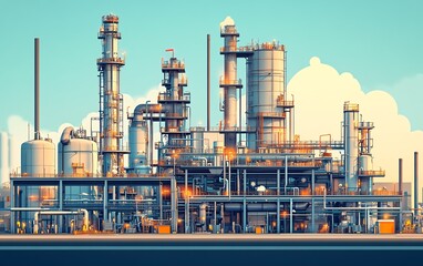 Fototapete - Vector illustration of a gas plant industrial view showcasing a detailed refinery plant with two layers of complexity, highlighting pipes and storage tanks