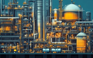 Fototapete - Vector illustration of a gas plant industrial view showcasing a detailed refinery plant with two layers of complexity, highlighting pipes and storage tanks