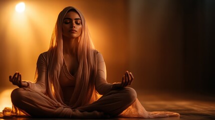 A woman in a peaceful meditative pose with her eyes closed in a warmly illuminated space, wearing soft clothing and a veil, embodying serenity and focus.