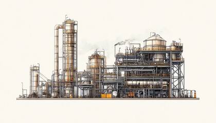 Fototapete - Industrial vector illustration of a gas plant with a refinery, emphasizing two layers of intricate details including pipelines and tanks