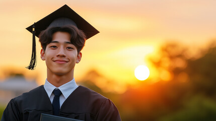 young man in graduation cap and gown smiles proudly at sunset, holding his diploma. warm colors of sky create joyful atmosphere.