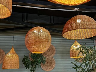 Closeup shot of wicker pendant lamps and green plants