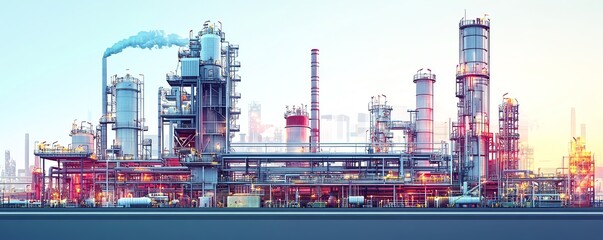 Fototapete - Vector illustration of a gas plant industrial view showcasing a detailed refinery plant with two layers of complexity, highlighting pipes and storage tanks
