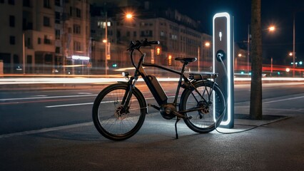 An electric bicycle parked at a charging station on a city street at night with light trails from passing cars.