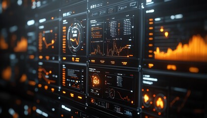 Leinwandbilder - 3D rendering of a digital interface for financial analysis, showcasing multiple charts and graphs, sleek and modern visuals, techfocused design
