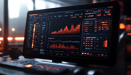 Leinwandbilder - 3D rendering of a digital interface for financial analysis, showcasing multiple charts and graphs, sleek and modern visuals, techfocused design