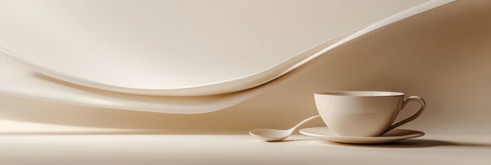 Fototapete - A soft beige backdrop highlights a minimalistic cup, saucer, and spoon, emphasizing the beauty of simple, elegant shapes. Generative AI