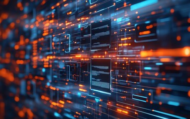 Leinwandbilder - 3D rendering of digital document management system, virtual interface with files in the background, modern and efficient design, futuristic tech visuals