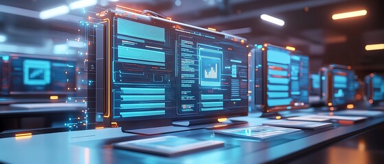 Poster - 3D rendering of digital document management system, virtual interface with files in the background, modern and efficient design, futuristic tech visuals